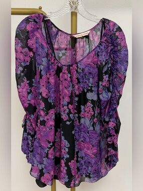 Rebecca Taylor Black Blouse with Purple & Pink Floral Print Size 2